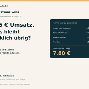 Marktstandplaner Excel - Weihnachtsmarkt, Verkäufe, Warenabgleich und Kassenabschluss | Deutsch + Englisch