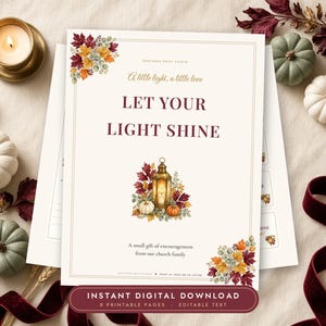Etiquetas de regalo con forma de varita luminosa "Deja que tu luz brille", tarjetas cristianas de Halloween y etiquetas para linternas, editables, descarga digital.
