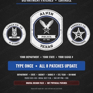 Op de afbeelding: Digitale ontwerpbestanden voor bewerkbare politie-emblemen met een centraal schild met een adelaar en ster, geflankeerd door twee ronde K-9 en sheriff badges. Tekst bevat BACK THE BLUE, ALVIN POLICE, LAMAR CO. SO en FORREST CO. MISSISSIPPI.
