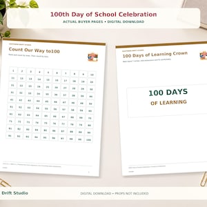 100th Day of School Activities, Kindergarten & First Grade Counting, Math Stations, Writing, Crowns, Certificates, Digital Download