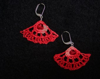 Small  Deep Coral Fan Earrings with Matching Bead