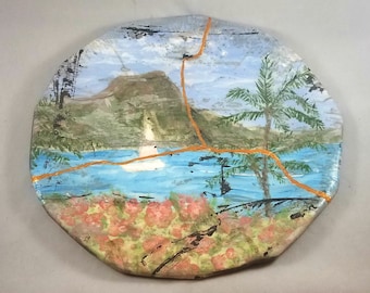 Kintsugi Raku Hand painted Plate with Kintsugi Style Repair
