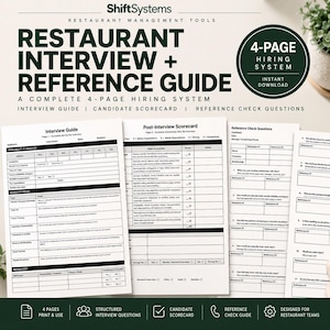 Könnte beinhalten: Ein vierseitiges Dokumentenset für das Restaurant-Personalmanagement mit dem Titel ShiftSystems Restaurant Interview + Reference Guide. Enthält einen Interviewleitfaden, einen Bewertungsbogen und Referenzfragen auf weißem Papier.