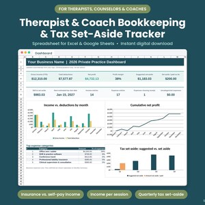 May include: A digital spreadsheet dashboard titled Therapist & Coach Bookkeeping & Tax Set-Aside Tracker. The interface displays financial data including income, deductions, net profit, and tax set-aside charts for Excel and Google Sheets.