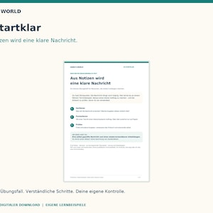Op de afbeelding: Een digitaal document getiteld HANSI'S WORLD KI-Startklar met de ondertitel Aus Notizen wird eine klare Nachricht. De pagina schetst een proces in drie stappen om notities om te zetten in duidelijke berichten, inclusief sorteren, formuleren en controleren.