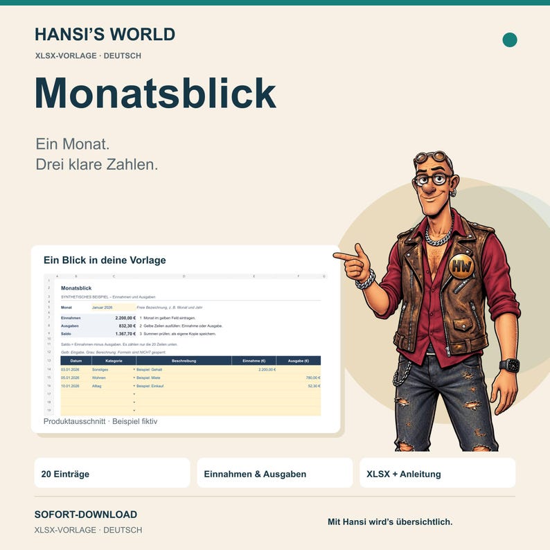 K&ouml;nnte beinhalten: Eine digitale Tabellenvorlage mit dem Titel Hansi's World Monatsblick, die eine Zeichentrickfigur in Lederweste und Jeans zeigt, die auf eine Finanz&uuml;bersicht mit Spalten f&uuml;r Datum, Kategorie, Beschreibung, Einnahmen und Ausgaben deutet.