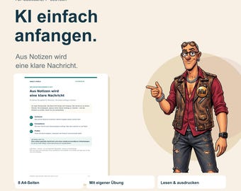 Könnte beinhalten: Ein PDF-Übungsheft mit dem Titel Hansi's World und dem Text KI einfach anfangen sowie Aus Notizen wird eine klare Nachricht. Eine illustrierte Figur in brauner Lederweste, rotem Hemd und Jeans zeigt auf das Dokument.
