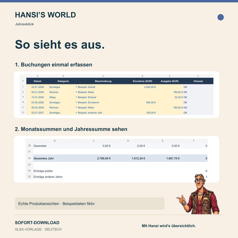 Puede incluir: Una plantilla de hoja de c&aacute;lculo digital titulada HANSI'S WORLD Jahresblick que presenta dos tablas para el seguimiento de datos financieros. El dise&ntilde;o incluye columnas para fecha, categor&iacute;a, descripci&oacute;n, ingresos y gastos en euros, con un personaje.