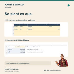 K&ouml;nnte beinhalten: Eine digitale Tabellenvorlage mit dem Titel HANSI'S WORLD Monatsblick. Sie enth&auml;lt zwei Bereiche: Einnahmen und Ausgaben eintragen zur Erfassung von Finanzen sowie Summen und Saldo ablesen zur Berechnung von Gesamtwerten und Salden. Mit einer Comicfigur.
