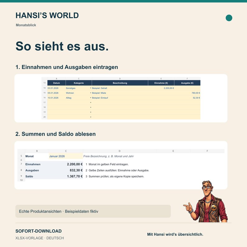 K&ouml;nnte beinhalten: Eine digitale Tabellenvorlage mit dem Titel HANSI'S WORLD Monatsblick. Sie enth&auml;lt zwei Bereiche: Einnahmen und Ausgaben eintragen zur Erfassung von Finanzen sowie Summen und Saldo ablesen zur Berechnung von Gesamtwerten und Salden. Mit einer Comicfigur.