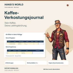 Puede incluir: Una plantilla digital de diario de cata de café en alemán titulada Hansi's World. Presenta un diseño de hoja de cálculo para rastrear datos de preparación y un personaje de dibujos animados señalando los datos con un chaleco de cuero.