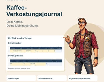 Könnte beinhalten: Eine digitale Kaffee-Verkostungsjournal-Vorlage auf Deutsch mit dem Titel Hansi's World. Sie zeigt ein Tabellenlayout zur Erfassung von Brühdaten und eine Comicfigur in brauner Lederweste, rotem Hemd und Jeans, die auf die Daten zeigt.