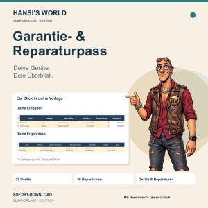 Puede incluir: Una plantilla de hoja de cálculo digital titulada Hansi's World Garantie- & Reparaturpass con un personaje de dibujos animados con chaleco de cuero y camisa roja señalando una tabla de datos de garantía y reparación de dispositivos.