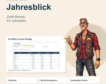 Könnte beinhalten: Eine digitale Tabellenvorlage mit dem Titel HANSI'S WORLD Jahresblick, die eine Comicfigur in Lederweste und rotem Hemd zeigt, welche auf eine Finanzübersicht mit Spalten für Monate, Einnahmen, Ausgaben und Differenzen deutet.