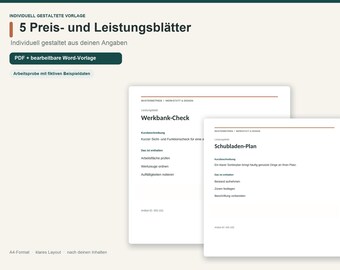 Könnte beinhalten: Ein digitales Vorlagenset mit 5 Preis- und Leistungsblättern im A4-Format. Die Dokumente enthalten anpassbare Textfelder für Dienstleistungen wie Werkbank-Check und Schubladen-Plan in einem klaren, professionellen Layout.