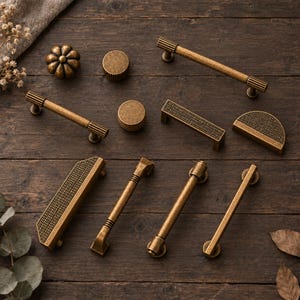 Può includere: Una collezione di ferramenta per mobili in ottone antico che include vari pomelli, maniglie e tiranti per cassetti. Il set presenta forme diverse come barre cilindriche, piastre rettangolari e pomelli circolari con una finitura metallica.