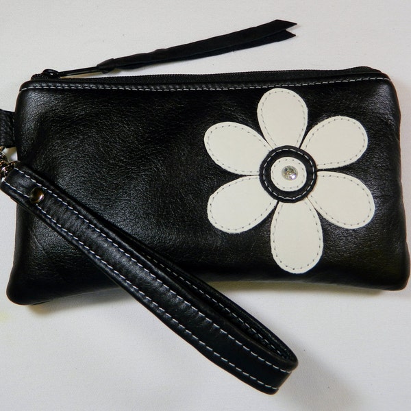 Black Genuine Leather Wristlet Purse Wallet Purse Phone Purse with White Leather Flower  Winter Trends 8x5 in. Gift