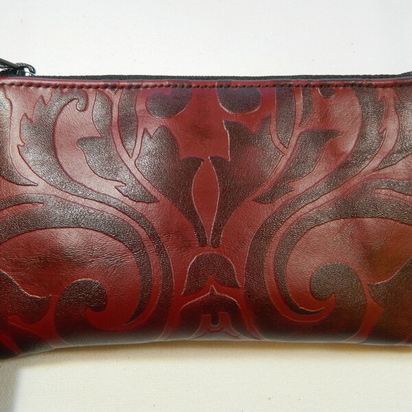 Dark Red Paisley Embossed Leather Wristlet Wallet Purse