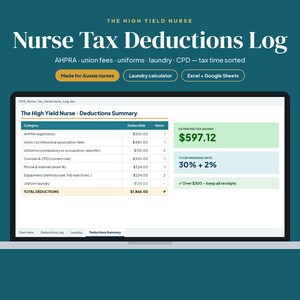 May include: A digital spreadsheet displayed on a laptop screen titled The High Yield Nurse Nurse Tax Deductions Log. The interface shows a deductions summary table with categories like AHPRA registration, union fees, and uniform laundry costs.