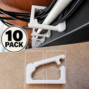 May include: A 10-pack of white plastic cable management clips designed to mount under a desk. Each clip features a hinged arm that secures cables and wires against a surface. The set includes multiple clips shown in use and one individual clip.