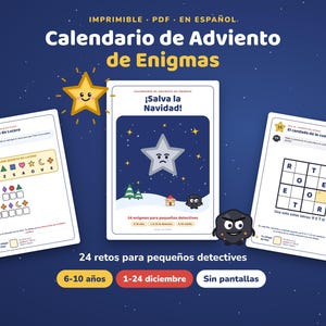 Puede incluir: Un calendario de Adviento en PDF imprimible titulado Calendario de Adviento de Enigmas con 24 retos para niños. Incluye tres páginas blancas con texto azul, gráficos de estrellas, un crucigrama y un código secreto sobre un fondo azul oscuro.