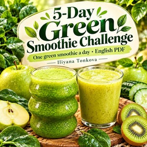 Könnte beinhalten: Ein digitaler Ratgeber mit dem Titel 5-Day Green Smoothie Challenge von Iliyana Tonkova, der zwei Gläser grünen Smoothie umgeben von grünen Äpfeln, aufgeschnittenen Kiwis und Spinatblättern zeigt. Der Text lautet One green smoothie a day • English PDF.