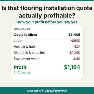 Può includere: Un grafico intitolato Is that flooring installation quote actually profitable? Know your profit before you say yes. Mostra un esempio di lavoro con un preventivo di 3.405 $, costi dettagliati e un profitto finale di 1.164 $ con un margine del 34%.
