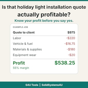 Può includere: Un'infografica intitolata Is that holiday light installation quote actually profitable? che mostra il riepilogo di un lavoro con un preventivo di $975, spese per manodopera, veicolo, materiali e attrezzature, per un profitto totale di $538,25.