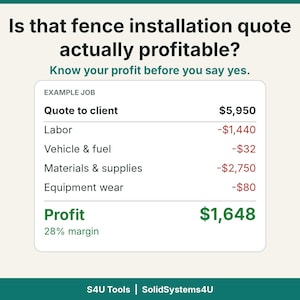 Può includere: Un grafico intitolato Is that fence installation quote actually profitable? con una tabella denominata Example Job. Elenca i costi per manodopera, veicolo e carburante, materiali e forniture, e usura delle attrezzature, per un profitto di 1.648 $.