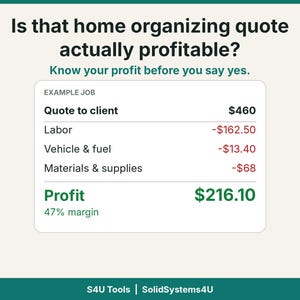 May include: A graphic featuring the text Is that home organising quote actually profitable? Know your profit before you say yes. An example job table lists Quote to client $460, Labour -$162.50, Vehicle & fuel -$13.40, Materials & supplies -$68, and Profit $216.10.