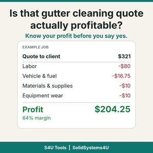 Może przedstawiać: Grafika z tytułem Is that gutter cleaning quote actually profitable? Know your profit before you say yes. Przedstawia przykładowe zlecenie z wyceną 321 USD, wyszczególnionymi kosztami robocizny, paliwa, materiałów i sprzętu oraz łącznym zyskiem 204,25 USD.