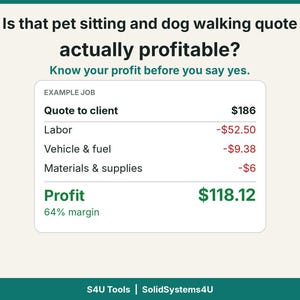Może przedstawiać: Wykres zatytułowany Is that pet sitting and dog walking quote actually profitable? Know your profit before you say yes. Przedstawia przykładowe zlecenie z wyceną 186 USD, wydatkami na robociznę, pojazd, paliwo i materiały oraz zyskiem w wysokości 118,12 USD.