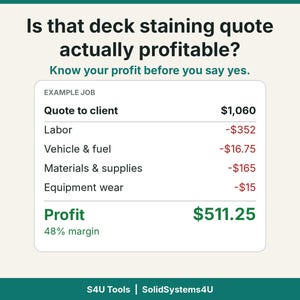 Op de afbeelding: Een grafische weergave getiteld Is that deck staining quote actually profitable? met een voorbeeld van een werkcalculatie met een offerte van $1.060, kosten voor arbeid, voertuig, materialen en apparatuur, resulterend in een winst van $511,25.