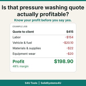 Pode incluir: Uma infografia intitulada Is that pressure washing quote actually profitable? apresentando um cálculo de exemplo. Lista um orçamento de $415 e despesas com mão de obra, veículo, combustível, materiais, suprimentos e desgaste de equipamentos.