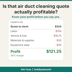 以下が含まれることがあります： Is that air duct cleaning quote actually profitable? Know your profit before you say yes.というタイトルのグラフィック。354ドルの見積もり、人件費、車両、燃料、資材の経費、そして121.25ドルの利益を示す仕事の例が記載されています。