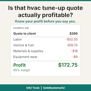 Könnte beinhalten: Eine Infografik mit dem Titel Is that hvac tune-up quote actually profitable? Know your profit before you say yes. Sie zeigt eine Beispielkalkulation mit einem Angebot von 266 $ sowie Kosten für Arbeit, Fahrzeug, Material und Ausrüstung, was einen Gewinn von 172,75 $ ergibt.
