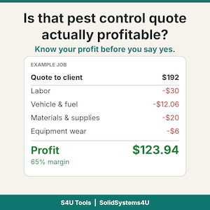 May include: A graphic display titled Is that pest control quote actually profitable? Know your profit before you say yes. It features an example job table listing costs for labour, vehicle and fuel, materials and supplies, and equipment wear, totalling a profit of $123.94 with a 65% margin.