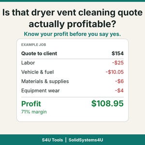 Könnte beinhalten: Eine Grafik mit dem Titel Is that dryer vent cleaning quote actually profitable? zeigt eine Beispielkalkulation mit Kosten für Arbeit, Fahrzeug, Kraftstoff, Materialien, Zubehör und Geräteverschleiß, die zu einem Gewinn von 108,95 $ führt.