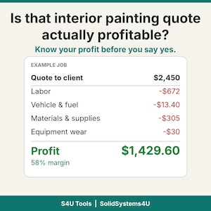 May include: A white informational graphic titled Is that interior painting quote actually profitable? featuring an example job breakdown with costs for labour, vehicle, fuel, materials, supplies, and equipment wear, totalling a profit of $1,429.60.