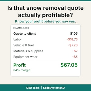 Può includere: Un grafico informativo bianco con testo scuro che recita Is that snow removal quote actually profitable? Know your profit before you say yes. Sotto c'è una tabella di esempio che elenca i costi per manodopera, veicolo, carburante, materiali, forniture e usura.