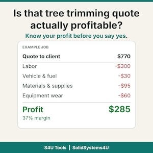 Könnte beinhalten: Eine Infografik mit dem Titel Is that tree trimming quote actually profitable? zeigt eine Beispielkalkulation mit einem Angebot von 770 $ sowie Kosten für Arbeit, Fahrzeug, Kraftstoff, Materialien und Geräteverschleiß bei einem Gewinn von 285 $.
