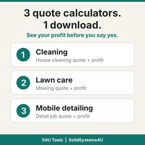 May include: A digital graphic with a cream background featuring the text 3 quote calculators. 1 download. See your profit before you say yes. It lists three numbered options: Cleaning, Lawn care, and Mobile detailing with subtext.