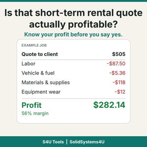 Peut inclure: Un graphique informatif blanc intitulé Is that short-term rental quote actually profitable? Il affiche un exemple de calcul de travail avec un devis de 505 $, des coûts détaillés pour la main-d'œuvre, le véhicule, les matériaux et l'équipement, et un profit final de 282,14 $.