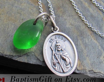 St Jude Necklace. St. Jude Necklace. Catholic Jewelry. Silver Plated Chain. Sea Glass Pendant. Saint Jude. Patron Saint Medal Charm.