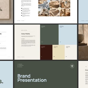 May include: A multi-page brand presentation document featuring the Salt Moss Studios logo, typography, and a color palette consisting of dark green, light blue, dark brown, cream, and white blocks, alongside interior design photography and text.
