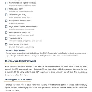 May include: A white document titled Landlord Tax Pack by Clear Tax Solutions, featuring a checklist of rental property expenses including property taxes, insurance, maintenance, utilities, advertising, management, legal, office, travel, and motor vehicle.