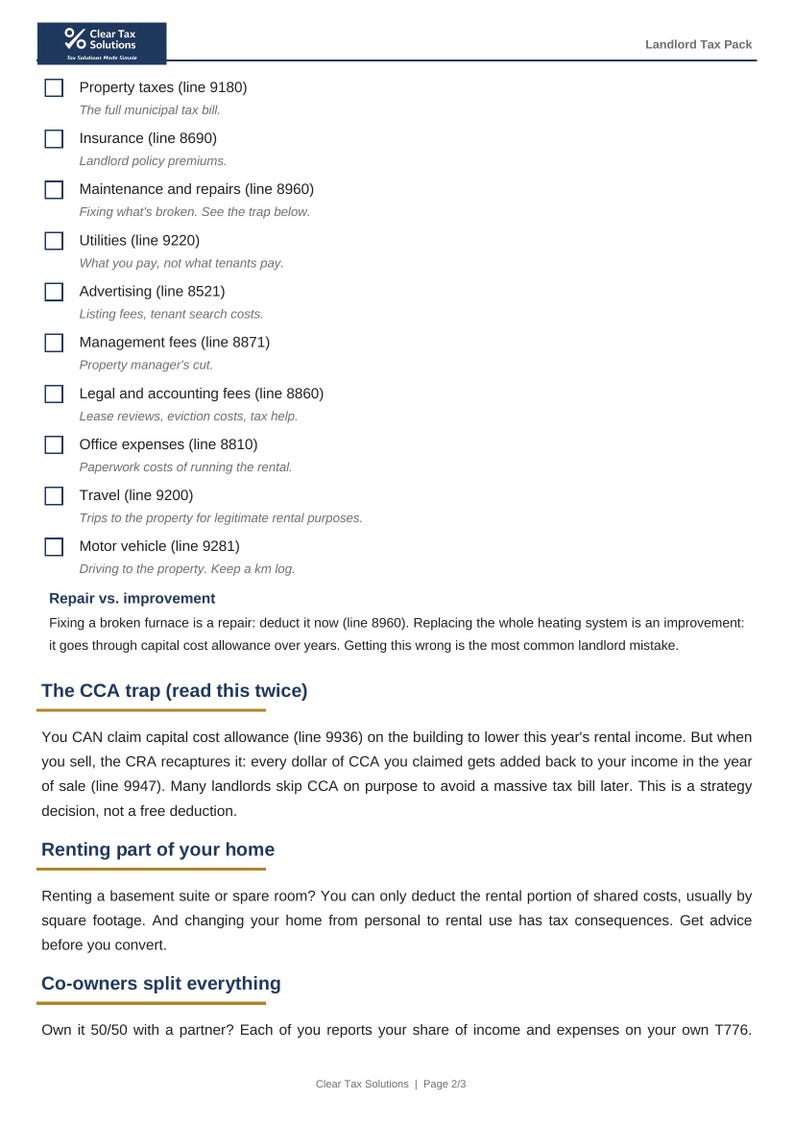 May include: A white document titled Landlord Tax Pack by Clear Tax Solutions, featuring a checklist of rental property expenses including property taxes, insurance, maintenance, utilities, advertising, management, legal, office, travel, and motor vehicle.