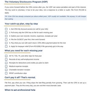May include: A white informational document titled Late Filing Recovery Kit by Clear Tax Solutions. It outlines steps for filing late taxes with the CRA, including the Voluntary Disclosures Program, a catch-up plan, and lists of required documents.