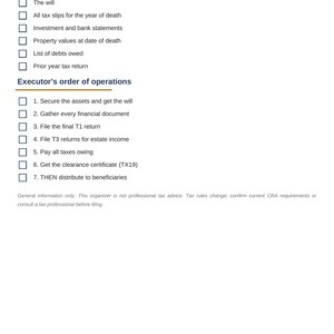 May include: A white document titled Executor Tax Pack by Clear Tax Solutions. It lists items to gather including death certificate, will, tax slips, bank statements, property values, debts, and prior tax returns, plus an executor's order of operations.