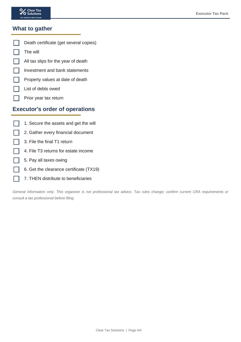 May include: A white document titled Executor Tax Pack by Clear Tax Solutions. It lists items to gather including death certificate, will, tax slips, bank statements, property values, debts, and prior tax returns, plus an executor's order of operations.
